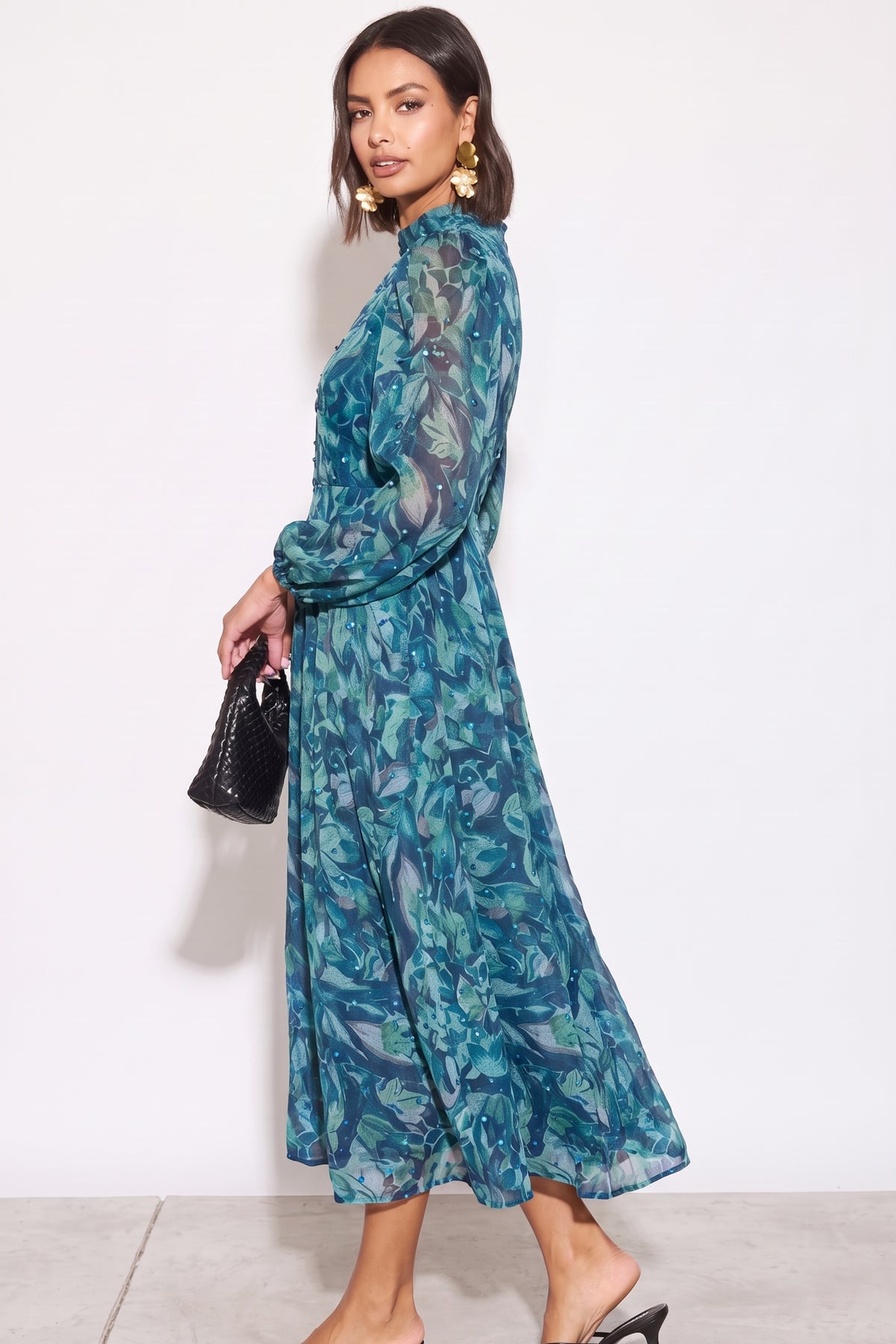 Embellished Button Front Maxi Shirt Dress with Tie Belt