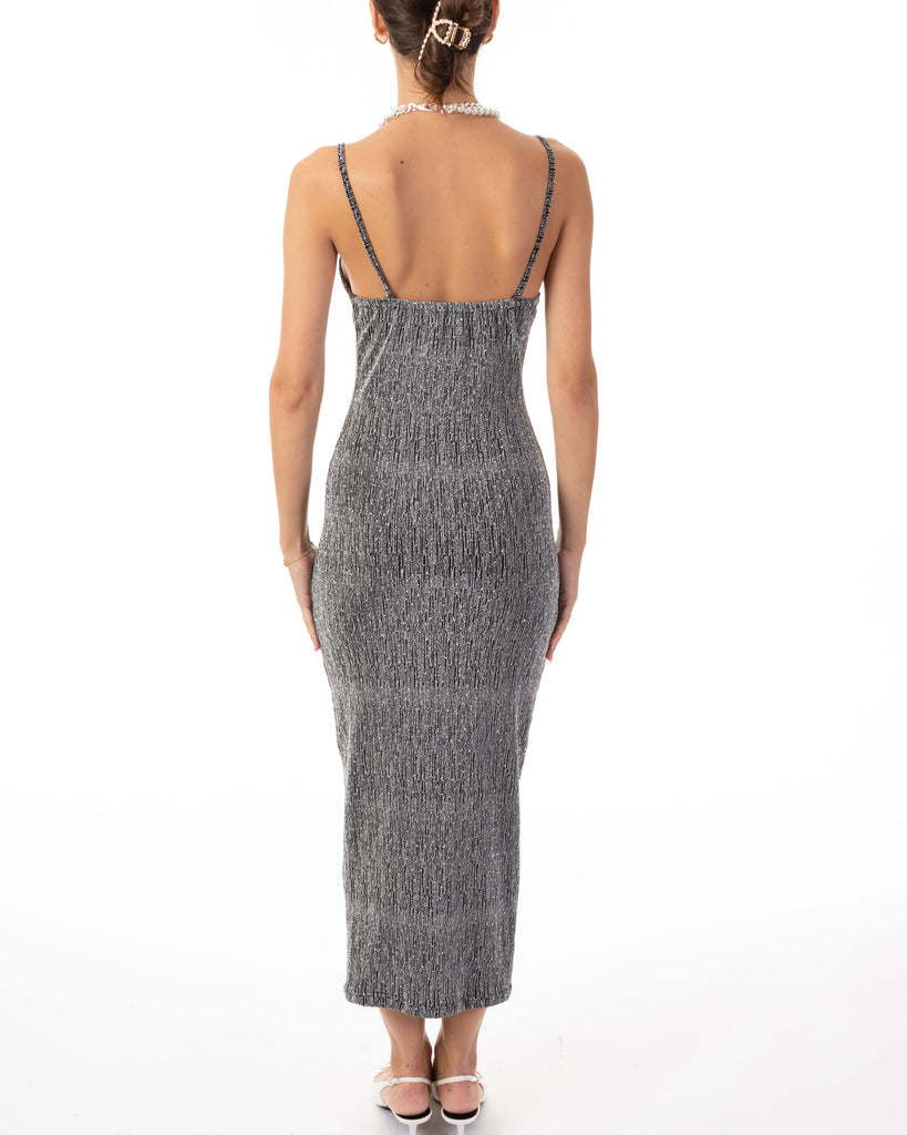 Scooped-neck sleeveless metallic-knit maxi dress in Sliver