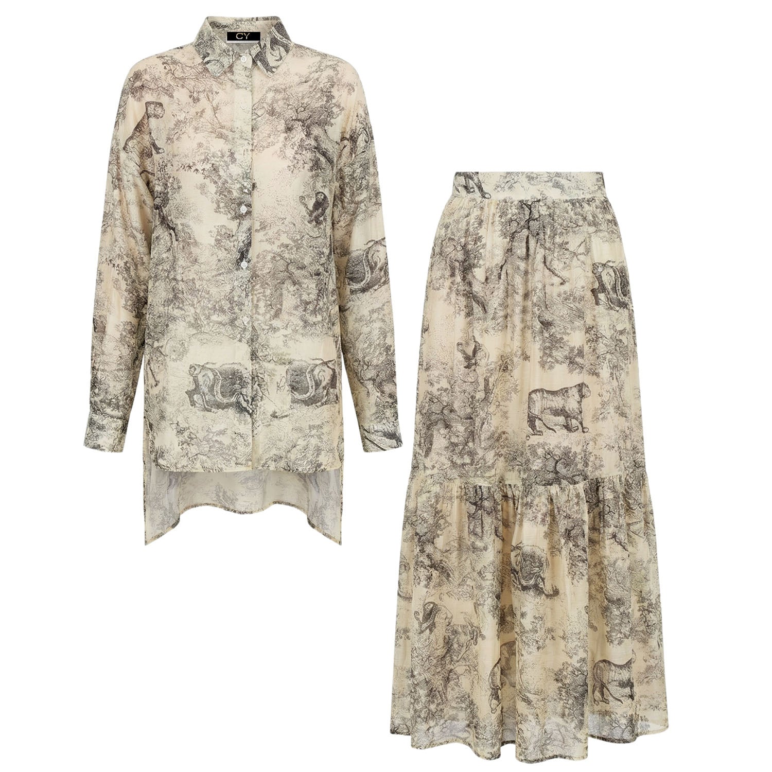 Animal and Forest Scarf print Shirt and Midi Skirt Co-ords in Black