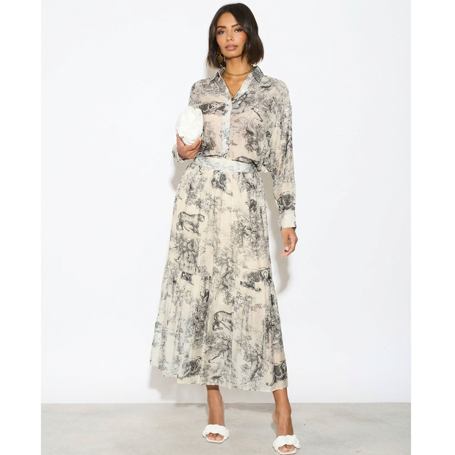 Animal and Forest Scarf print Shirt and Midi Skirt Co-ords in Black
