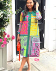 Modern Cityscape Print Shirt Dress with Contrast Green Collar