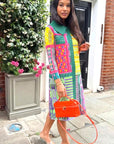 Modern Cityscape Print Shirt Dress with Contrast Green Collar