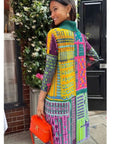 Modern Cityscape Print Shirt Dress with Contrast Green Collar