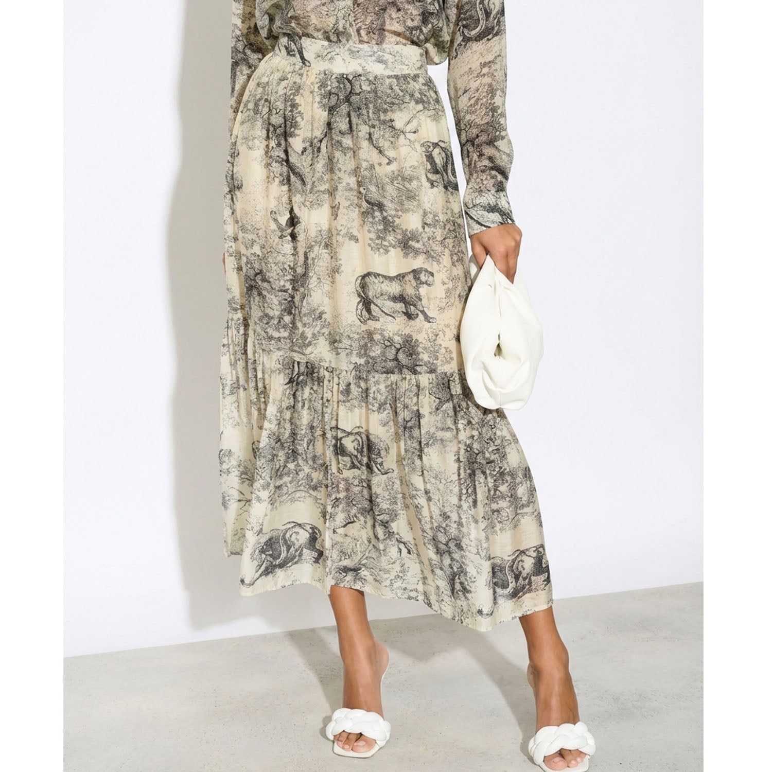 Animal and Forest Scarf print Shirt and Midi Skirt Co-ords in Black