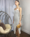 Knitted stripe print with straps design midi bodycon dress in white