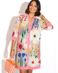 Painterly Wildflower Sheer Shirt Dress – Pink Trim