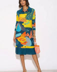 Playful Abstract Print Full Pleated Shirt Dress