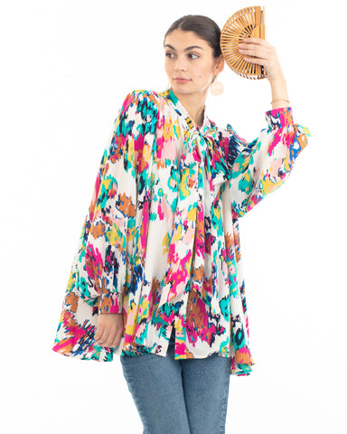 Wild Bloom multi color print oversized shirt with tie up bow design in white