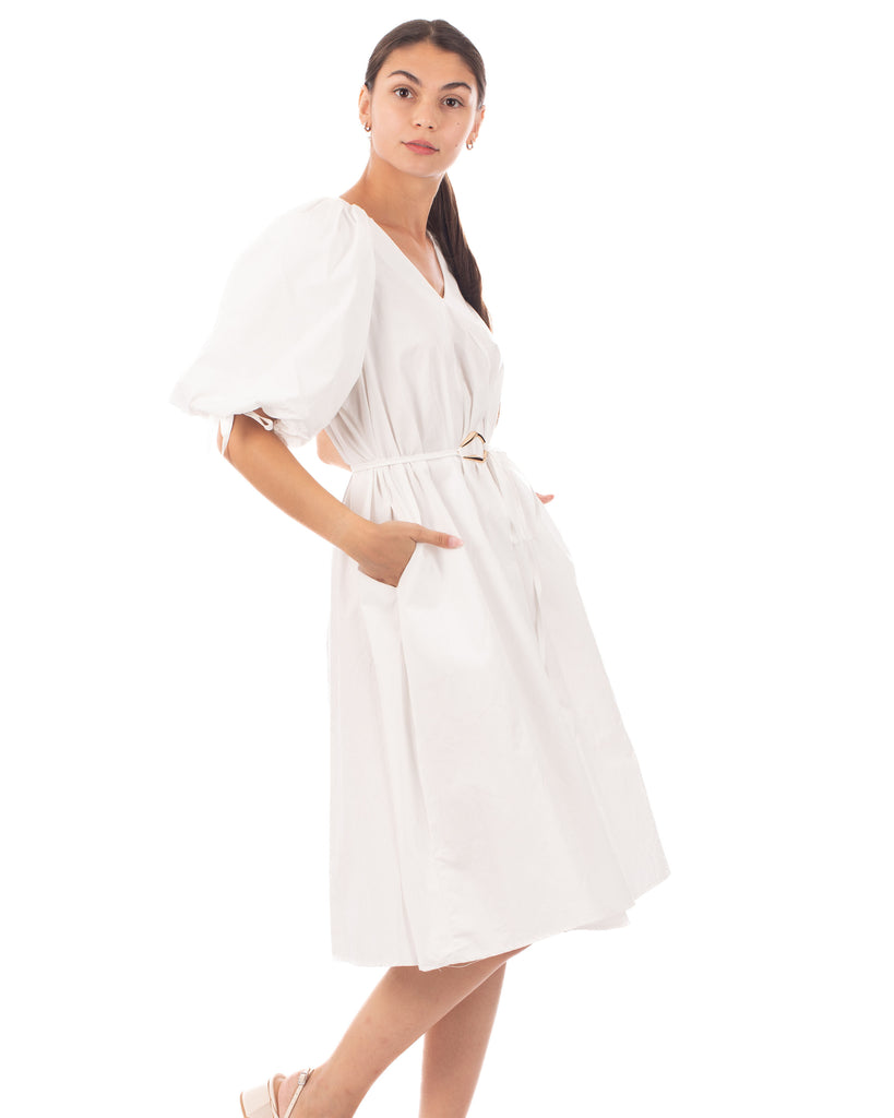 Oversized puff sleeve midi dress in White