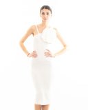 Knitted stretch cotton Bodycon midi dress with Camellias Brooches in white