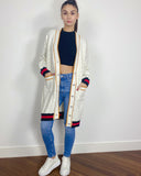 Jacquard design knit Long Cardigan with Gold Trim design in wHITE
