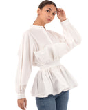 Ruffle design around chest and hem cotton shirt in white