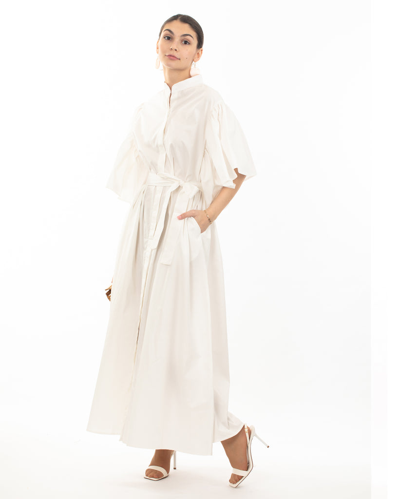 Cotton blend oversized shirt dress with ruffle sleeves design in white