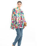 Wild Bloom multi color print oversized shirt with tie up bow design in white