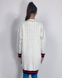 Jacquard design knit Long Cardigan with Gold Trim design in wHITE