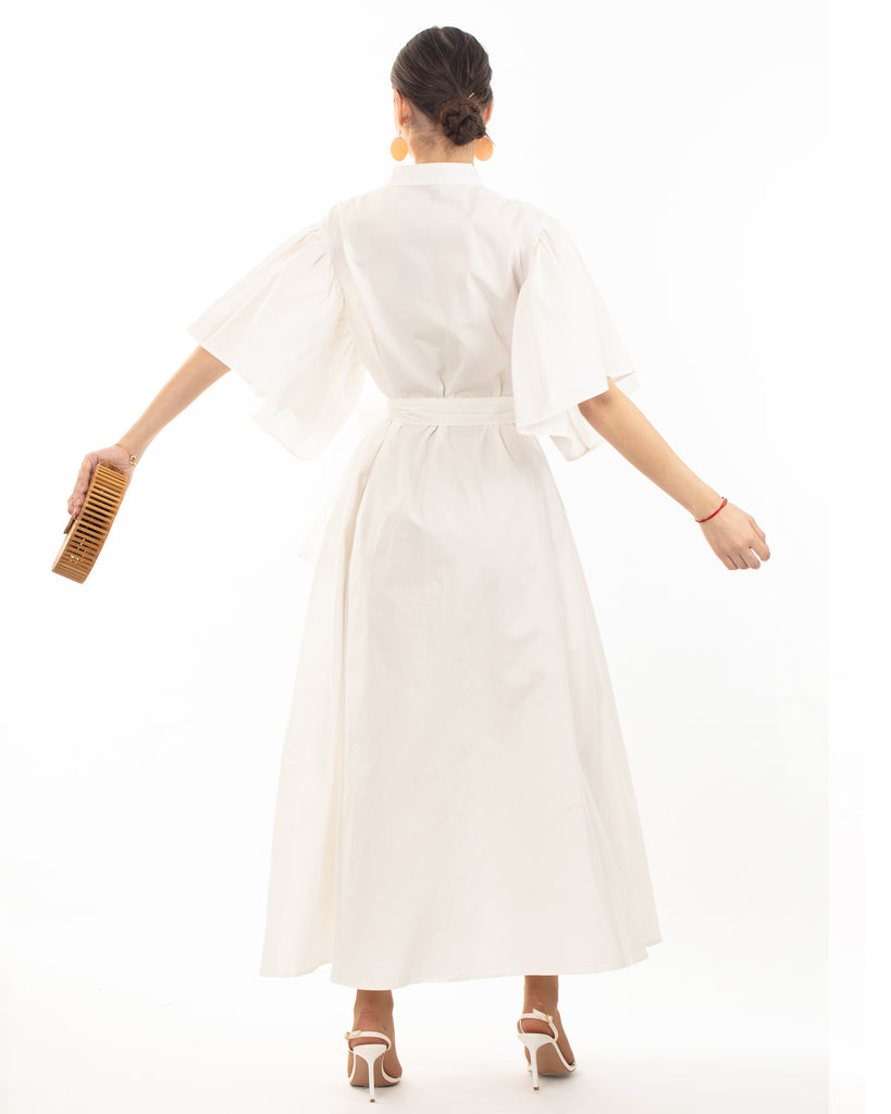 Cotton blend oversized shirt dress with ruffle sleeves design in white