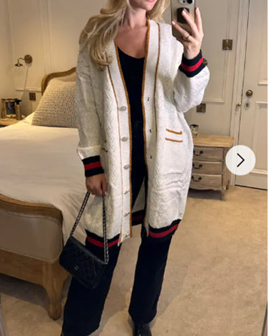 Jacquard design knit Long Cardigan with Gold Trim design in wHITE