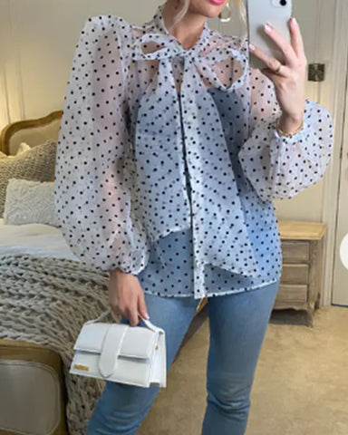 White color Oversized Organza shirt in polka dot print with bow design