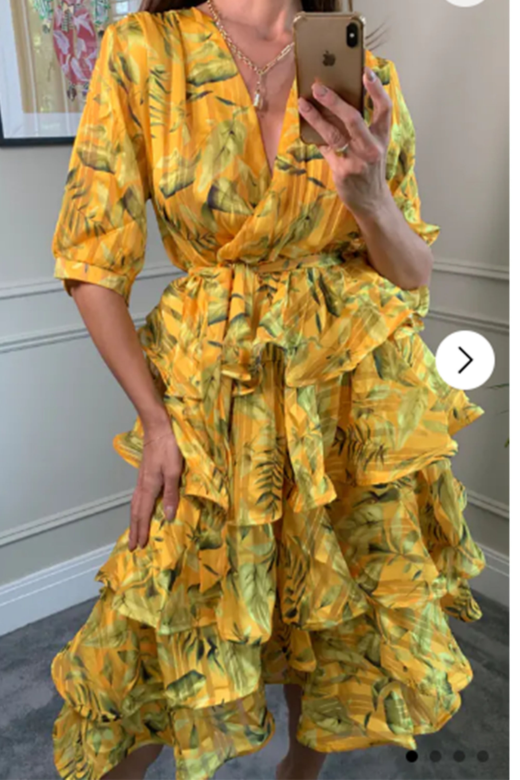 Floral Print Ruffle Multi Layer Hem Design Dress In Yellow