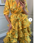 Floral Print Ruffle Multi Layer Hem Design Dress In Yellow