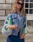 Handknit Floral Patten Sleeves Denim Jacket in Green