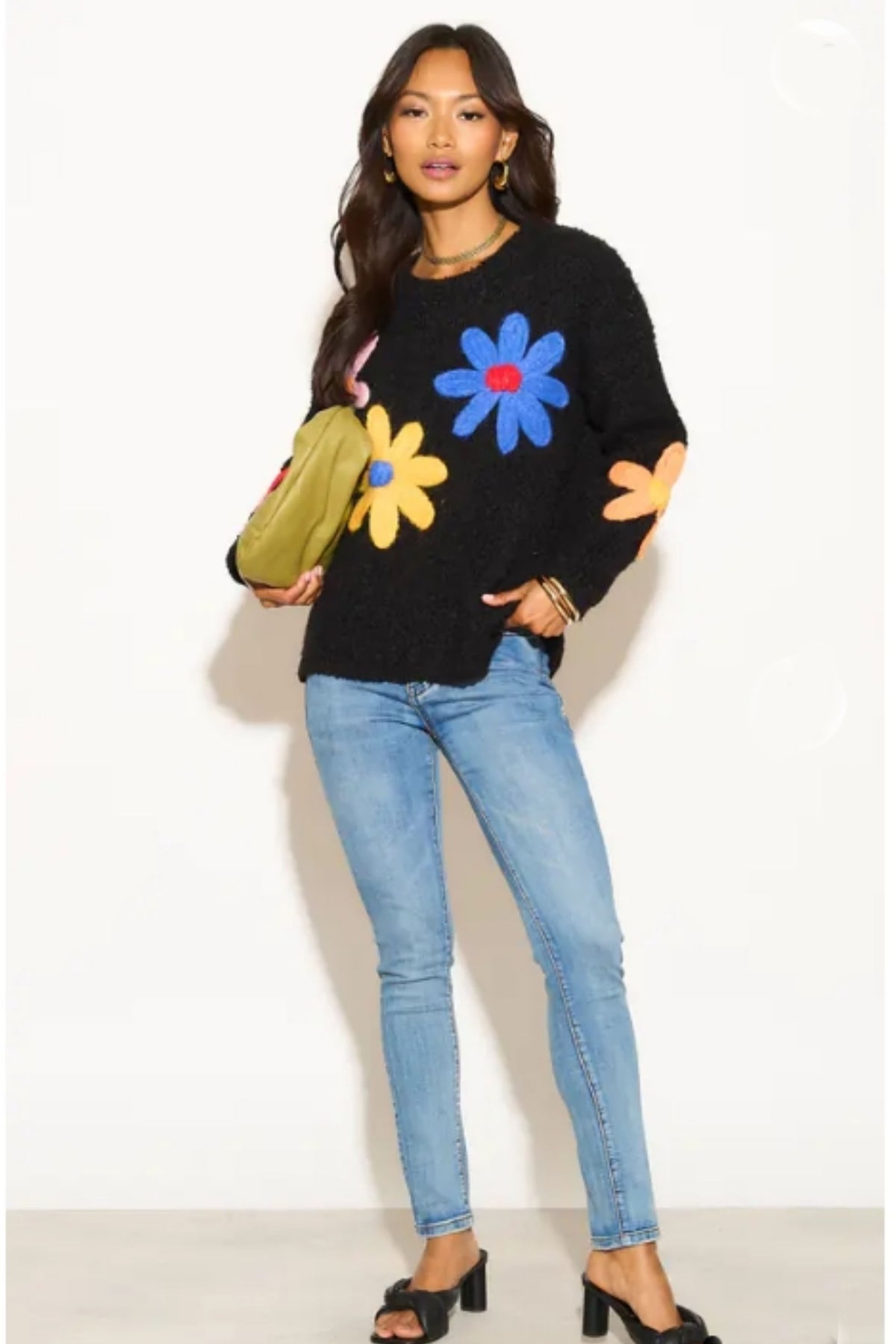 Floral Pattern Embroidered Soft knit Long Sleeves Jumper in black