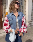 Handknit Floral Patten Sleeves Denim Jacket in Pink