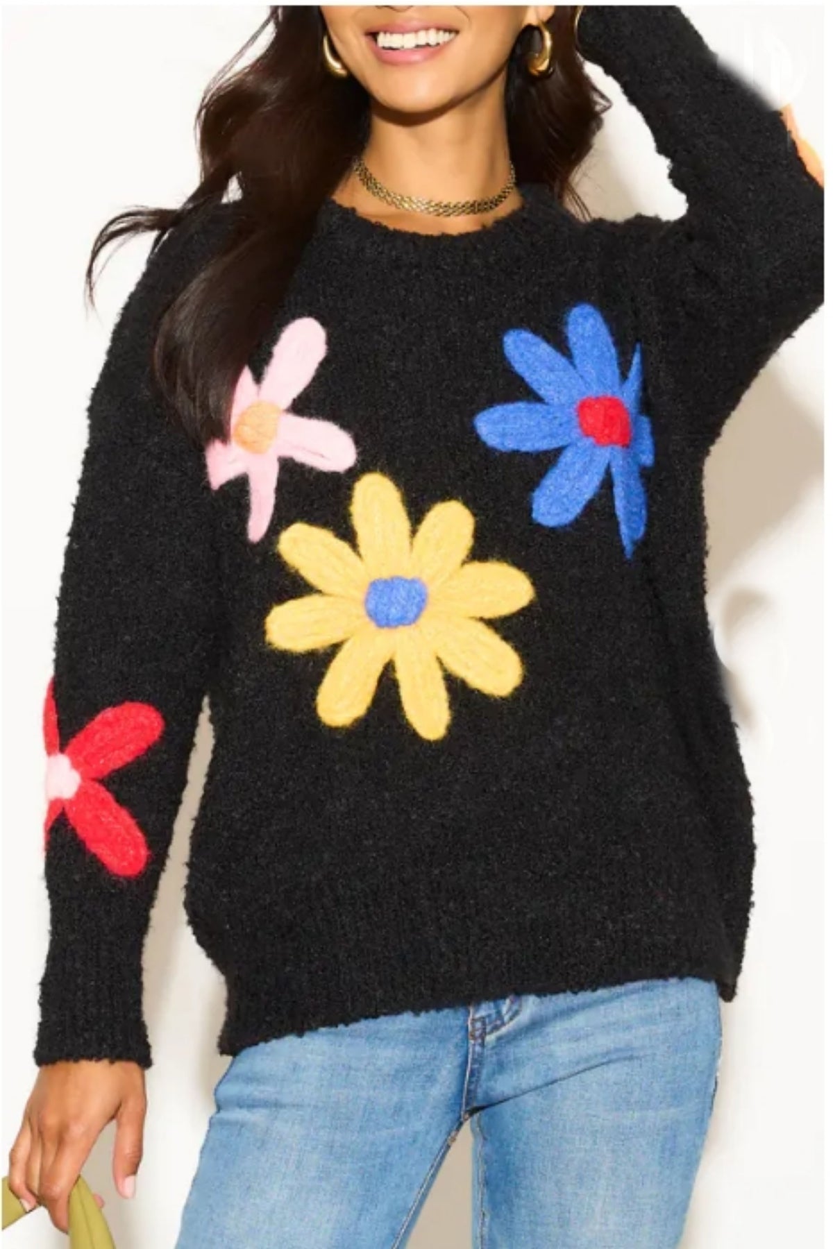 Floral Pattern Embroidered Soft knit Long Sleeves Jumper in black