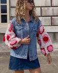 Handknit Floral Patten Sleeves Denim Jacket in Pink