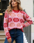 Red And Pink Floral Pattern Soft Knit Jumper