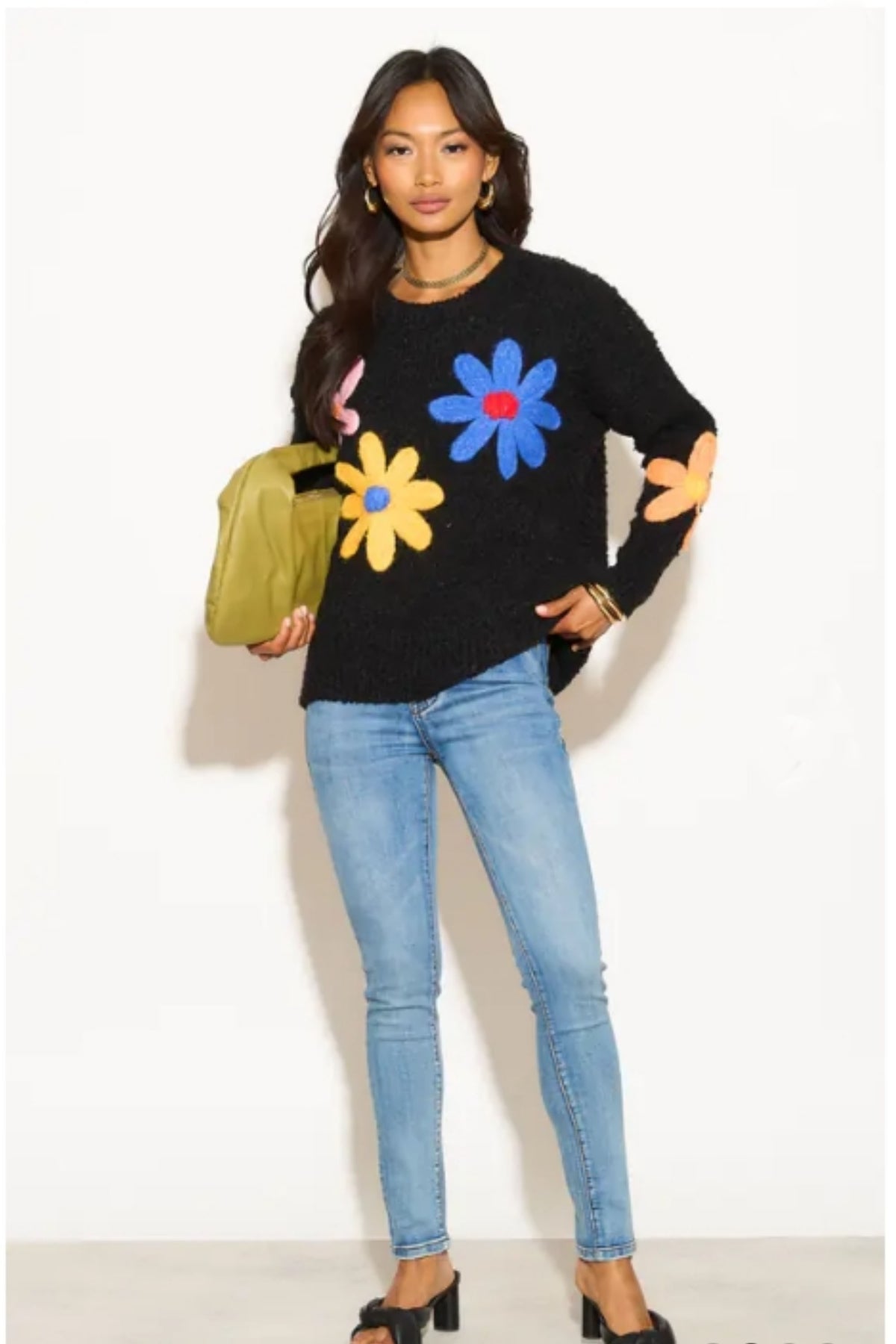 Floral Pattern Embroidered Soft knit Long Sleeves Jumper in black