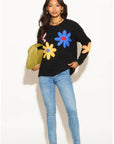 Floral Pattern Embroidered Soft knit Long Sleeves Jumper in black