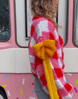 Red White Checked Print Pattern with Big Bow design Hand Knit Cardigan