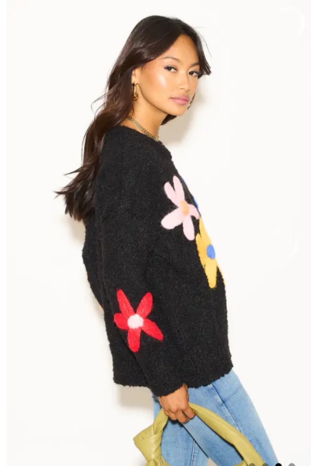 Floral Pattern Embroidered Soft knit Long Sleeves Jumper in black