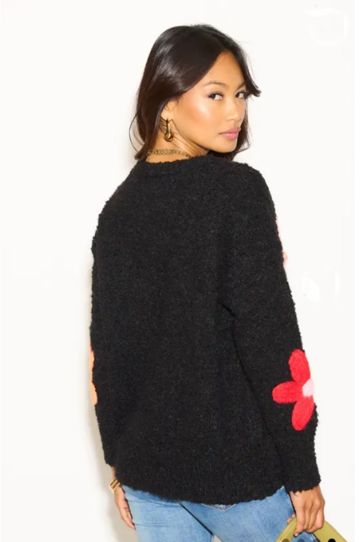 Floral Pattern Embroidered Soft knit Long Sleeves Jumper in black