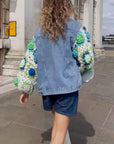 Handknit Floral Patten Sleeves Denim Jacket in Green