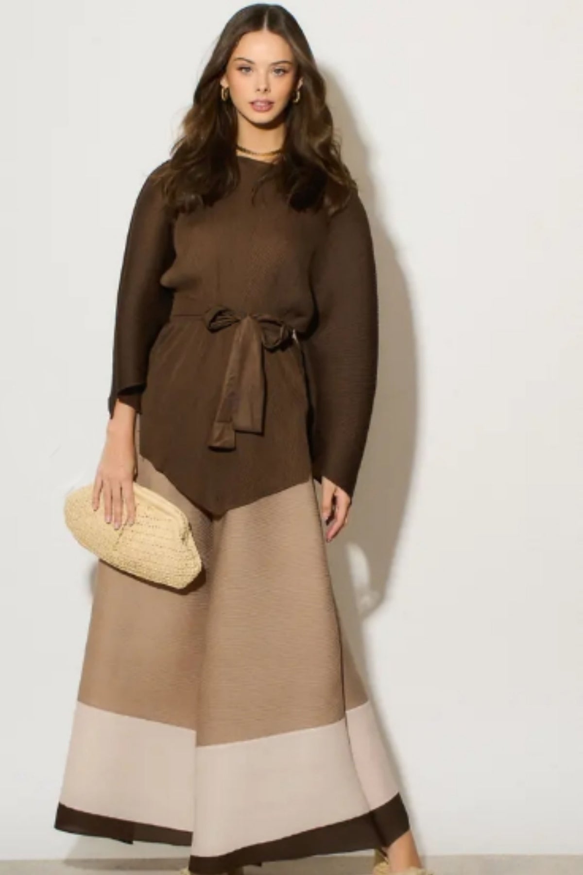 Full pleated Long sleeves top and trousers in coffee brown