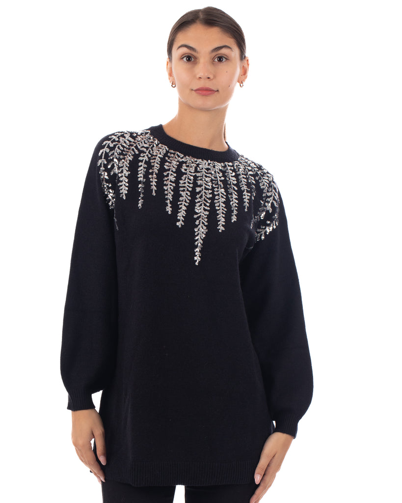 Sliver Sequin embellished fine knit long jumper in black