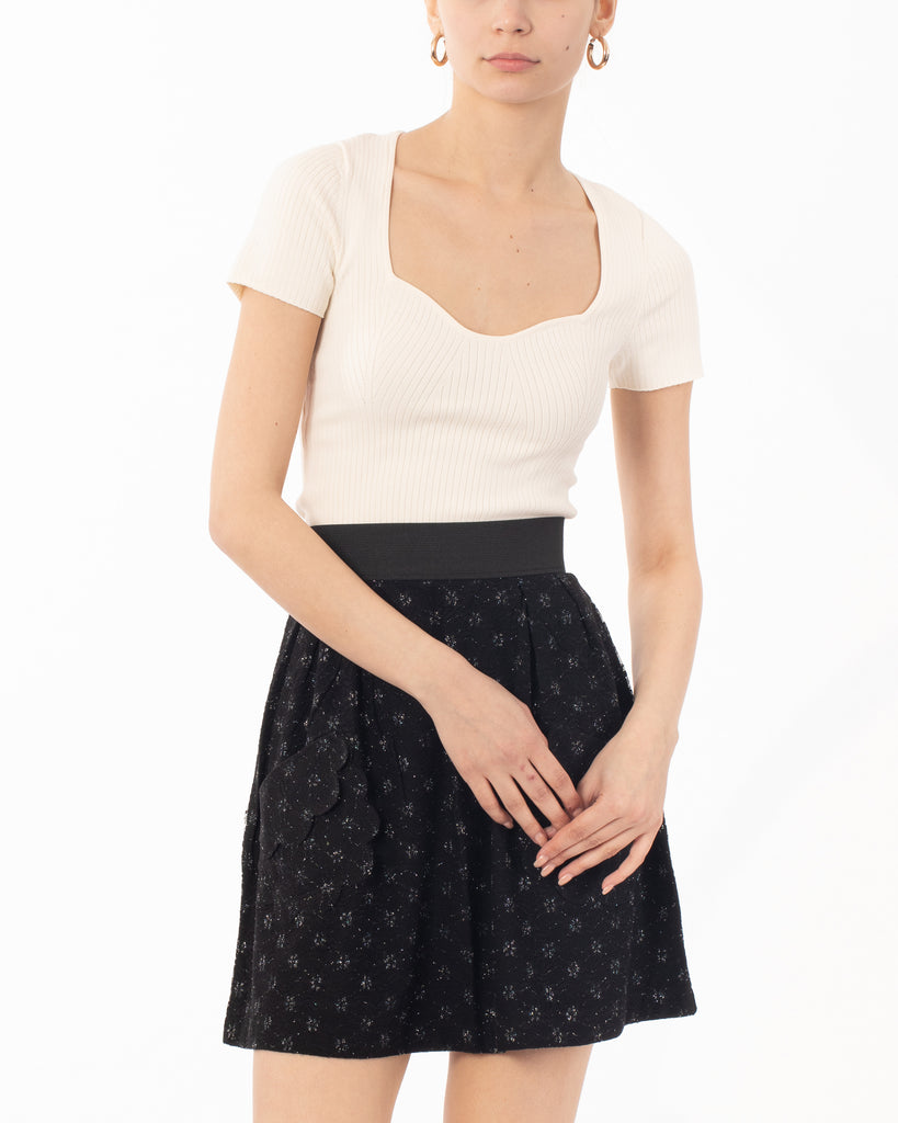 Black color Skater Skirt in Sliver Floral Lace