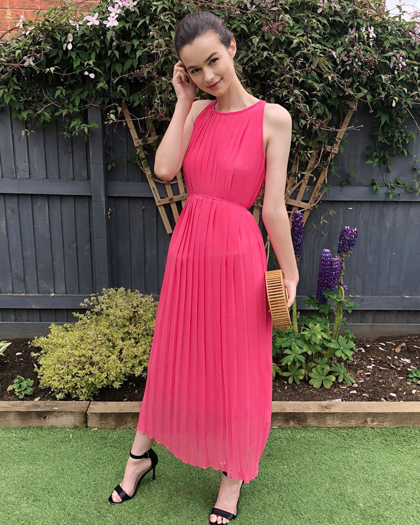 Pleated Full Length Maxi Dress in salmon pink