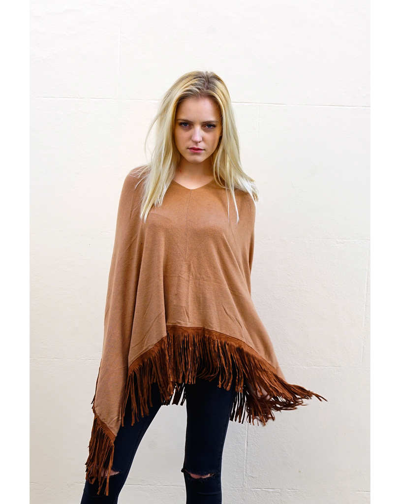 Camel color Knitted cape with Faux Leather Tassel