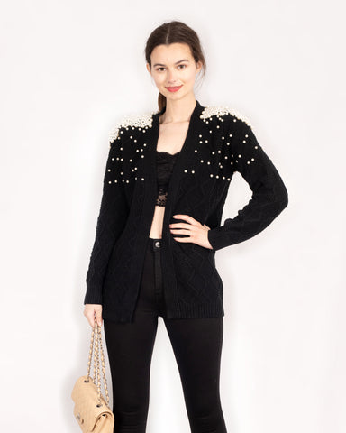 Cardigan with pearl embellishment on shoulder in black