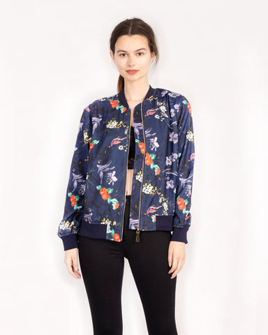 Floral & Bird Print Bomber Jacket (Navy Blue)