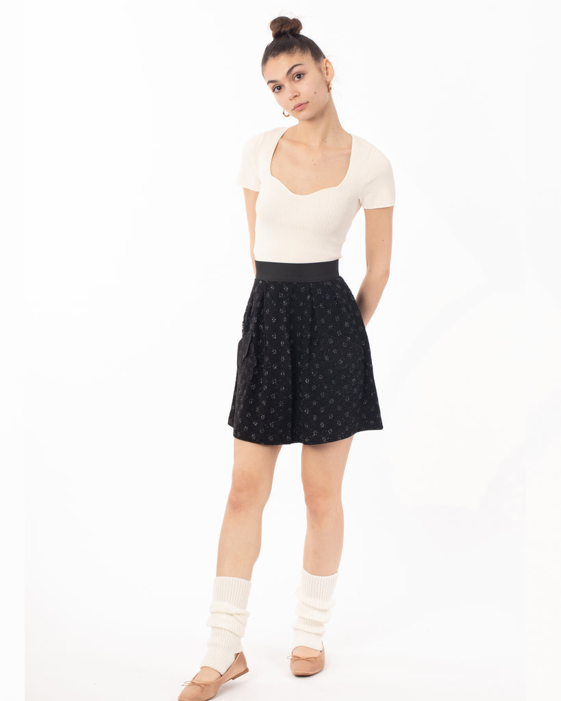 Black color Skater Skirt in Sliver Floral Lace