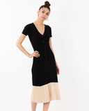 Soft Knitted Ribbed Midi Button down Bodycon Dress In Black Beige Contrast Design
