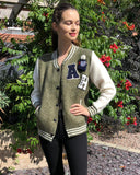 Knitted cardigan style bomber jacket with patch