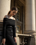 Off shoulder knit bodycorn midi dress in Black
