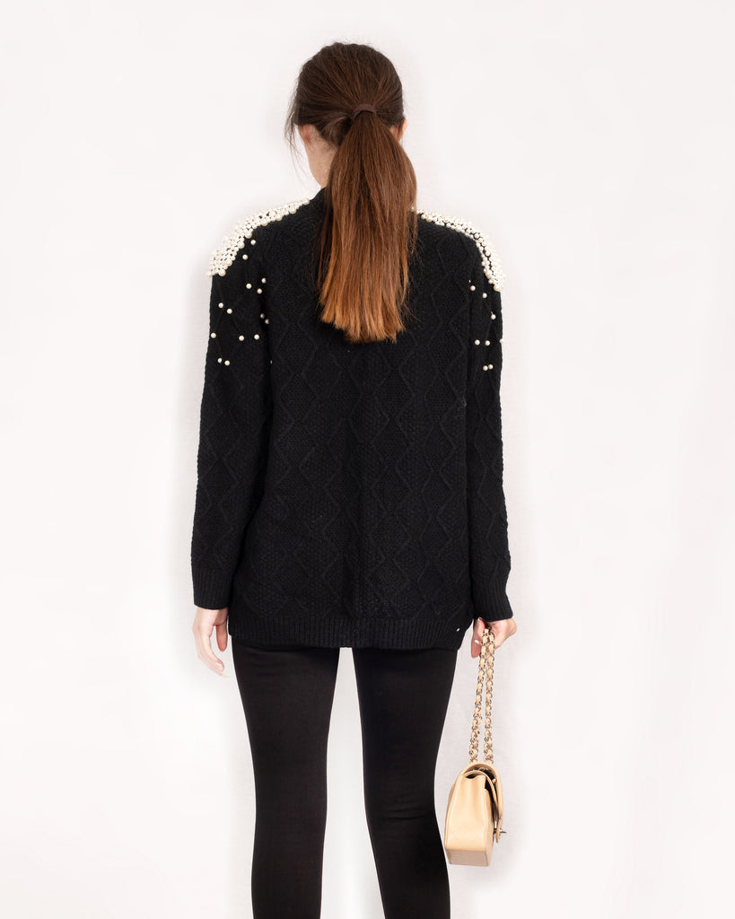 Cardigan with pearl embellishment on shoulder in black