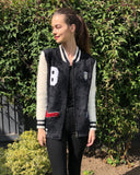 Fluffy cardigan style bomber jacket with patch (BLACK)