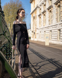Off shoulder knit bodycorn midi dress in Black
